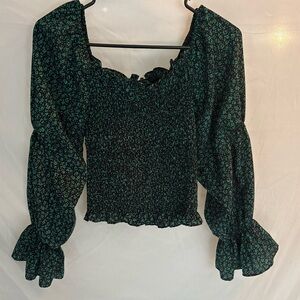 Urbanic Green and Black Floral Y2K Women's Cropped Top with Bodice Ruching Sz S